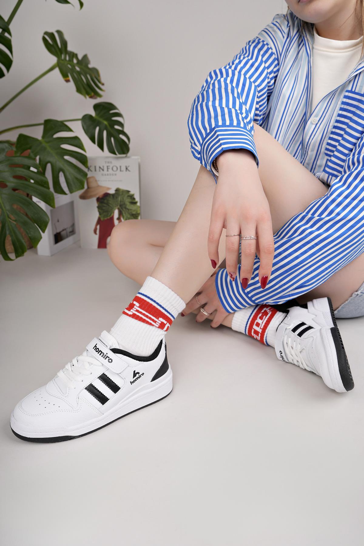 Unisex Bağcıklı Cırtlı Spor Sneaker Ayakkabı-Beyaz-Siyah