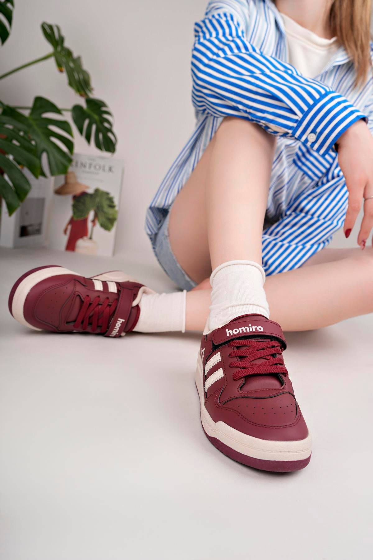 Unisex Bağcıklı Cırtlı Spor Sneaker Ayakkabı-Bordo-Beyaz