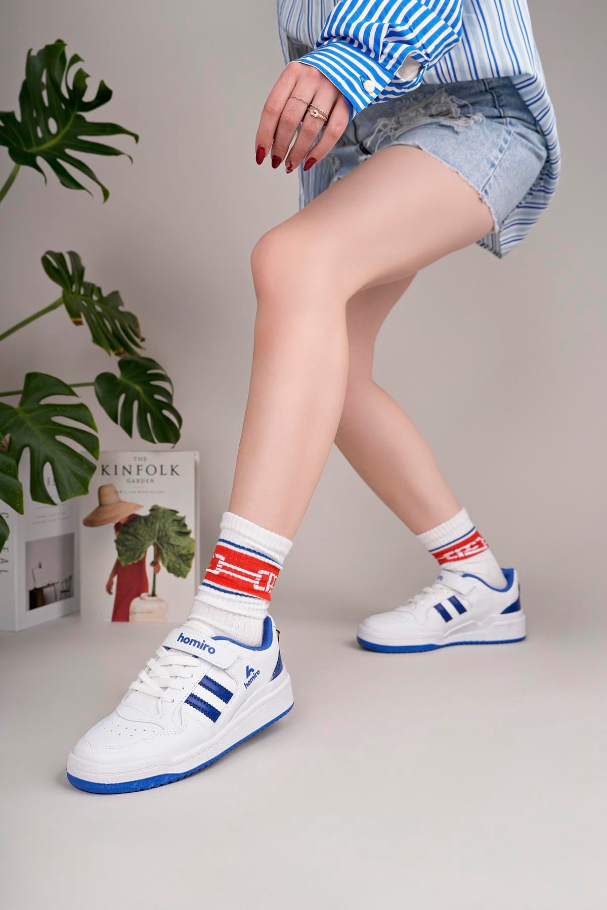 Unisex Bağcıklı Cırtlı Spor Sneaker Ayakkabı-Beyaz-Sax