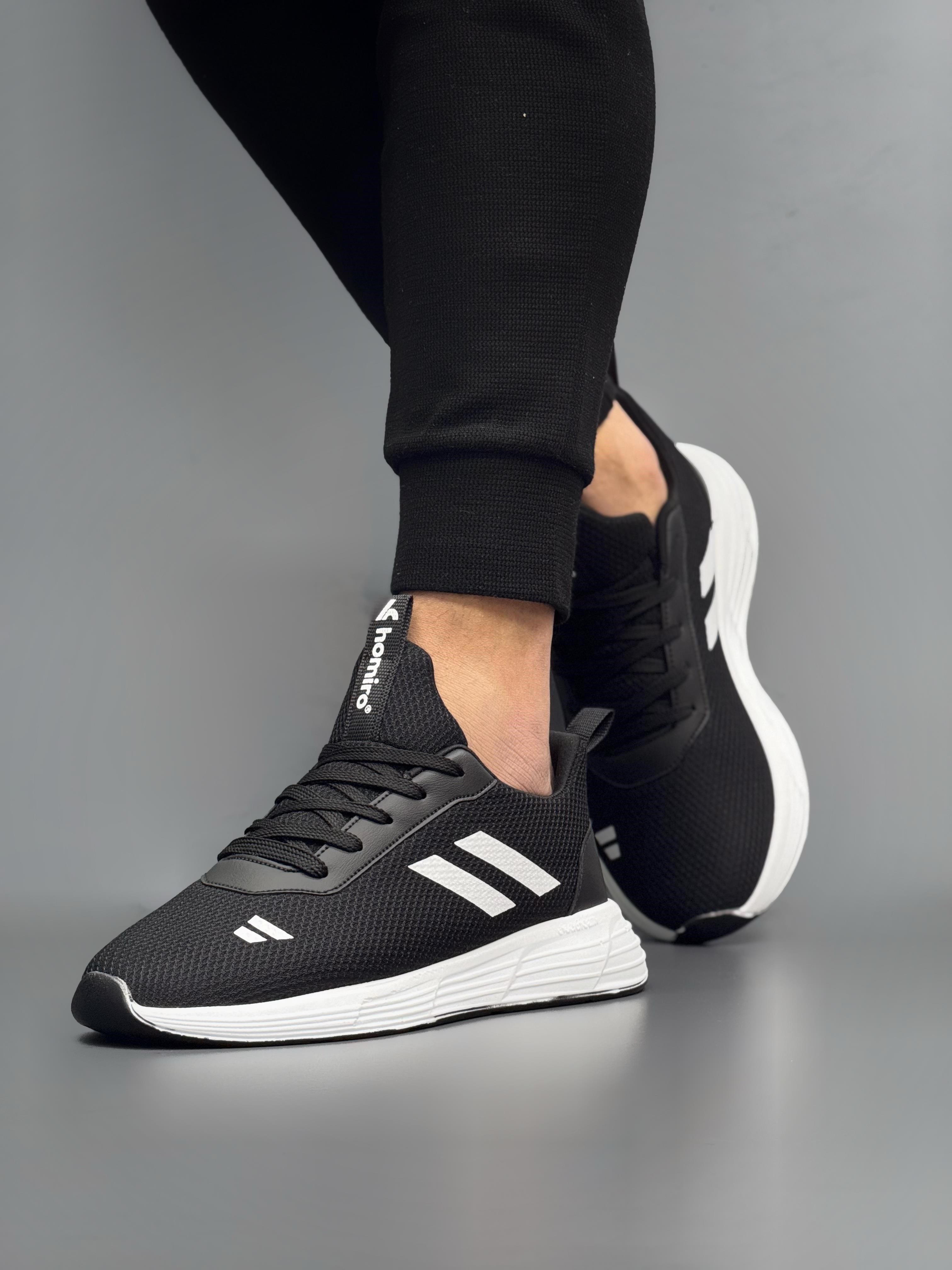 Unisex Bağcıklı Triko Poli Taban Spor Ayakkabı-Siyah-Beyaz