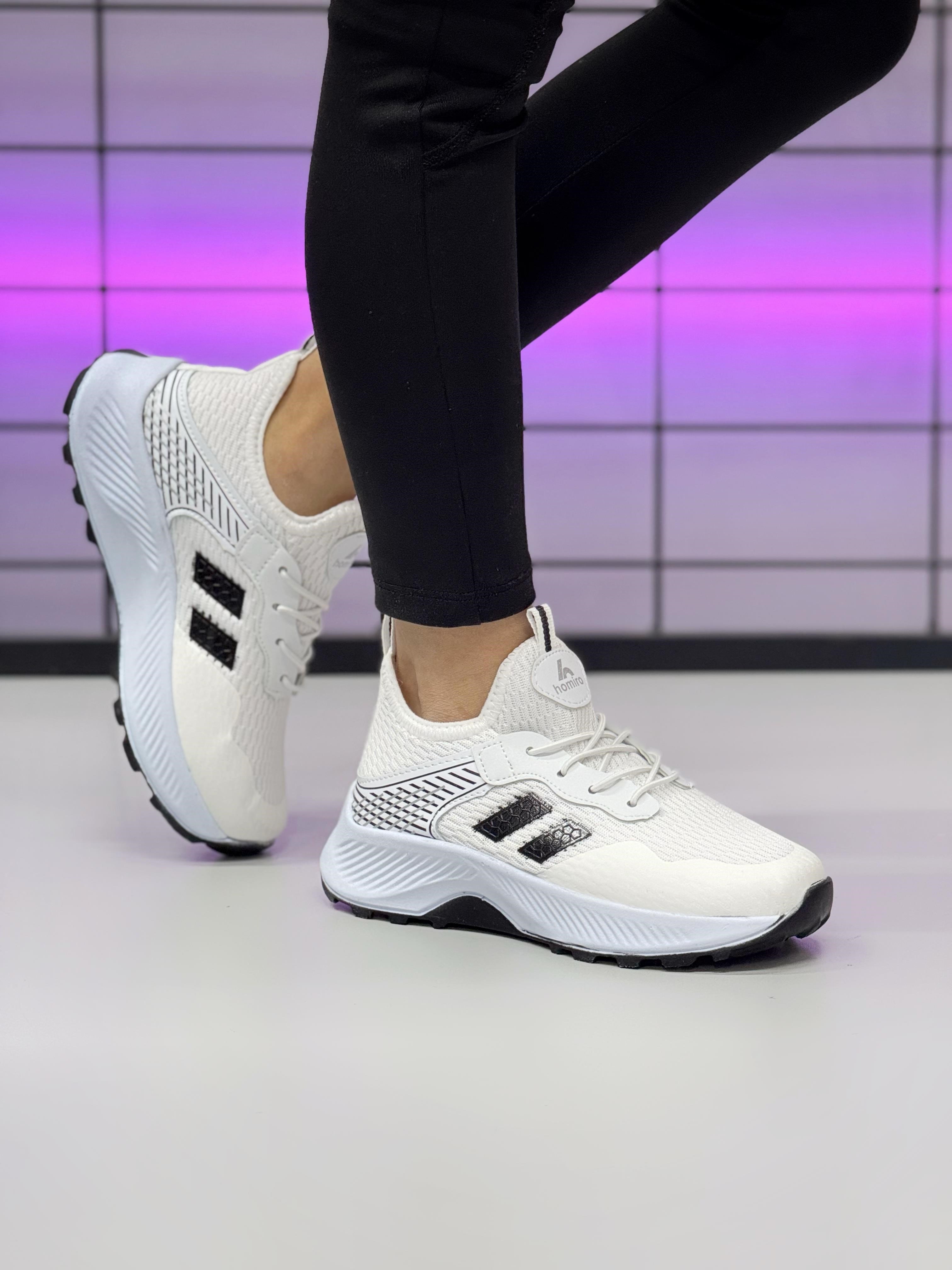 Unisex Bağcıklı Poli Taban Triko Spor Ayakkabı-Beyaz-Siyah