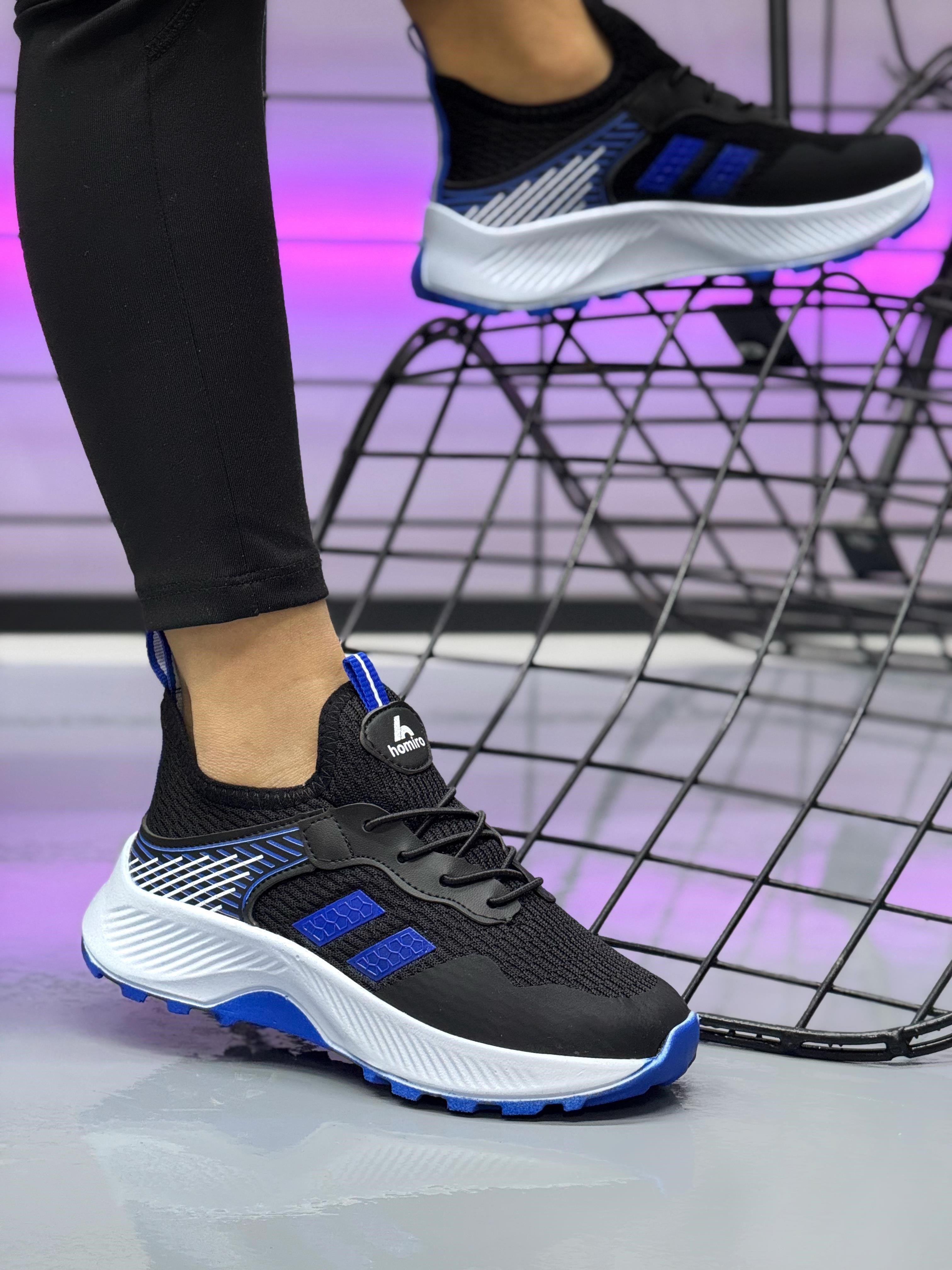 Unisex Bağcıklı Poli Taban Triko Spor Ayakkabı-Siyah-Mavi