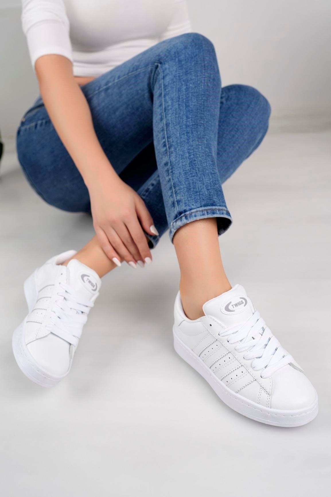 Kadın Unisex Klasik Bağcıklı Ortopedik Spor Sneaker Ayakkabı-Beyaz