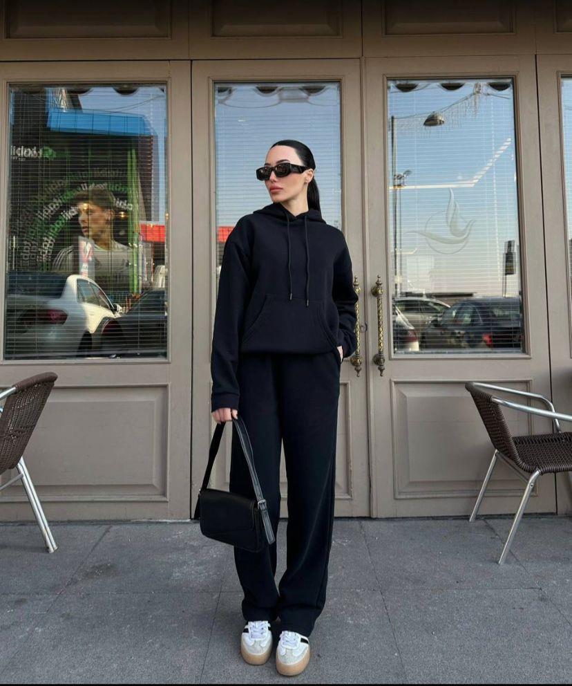 3 İplik Şardonlu Plazzo Kapüşonlu Eşofman Takımı Siyah