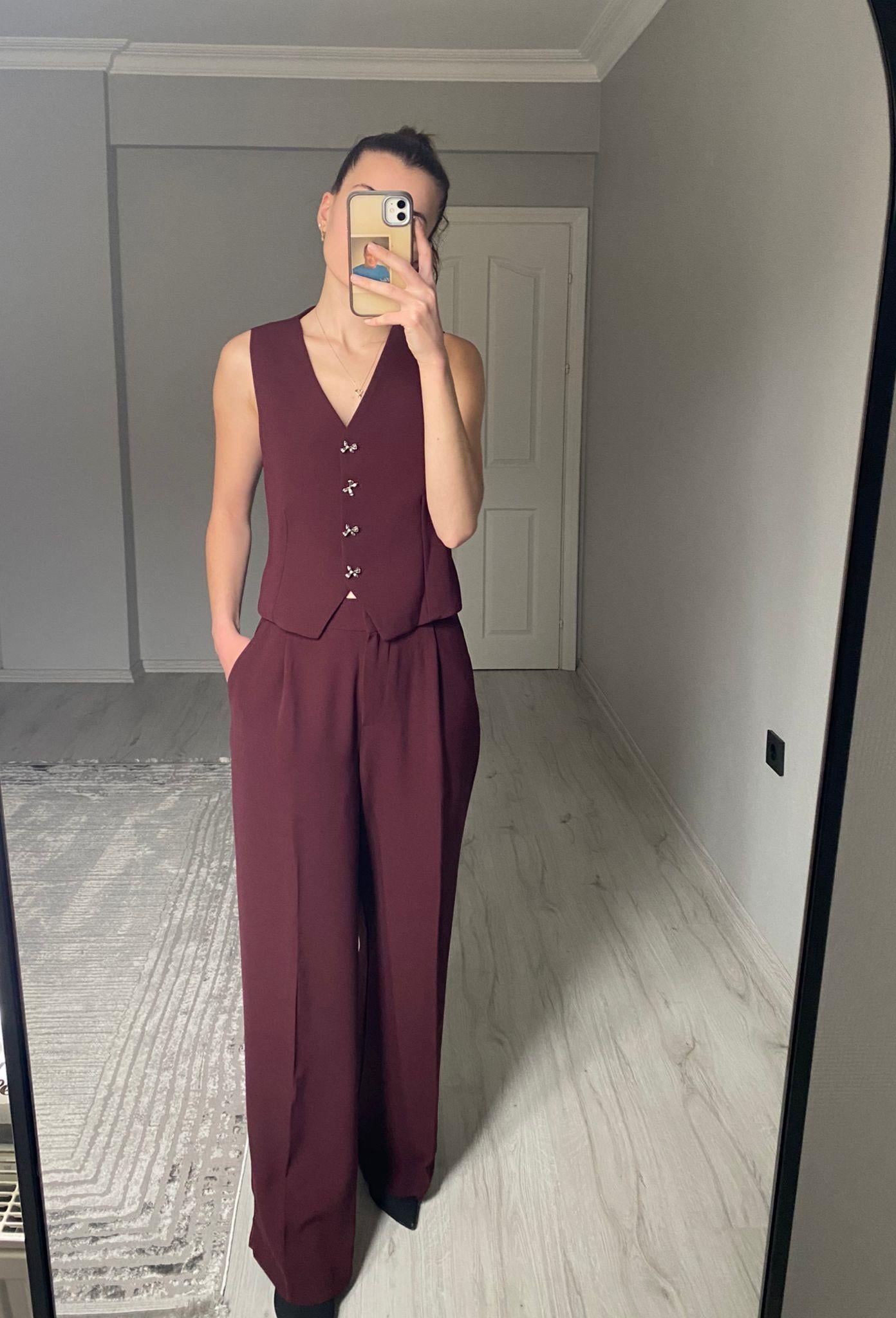 Bordo Fiyonk Taşlı Yelek-Pantolon Takım