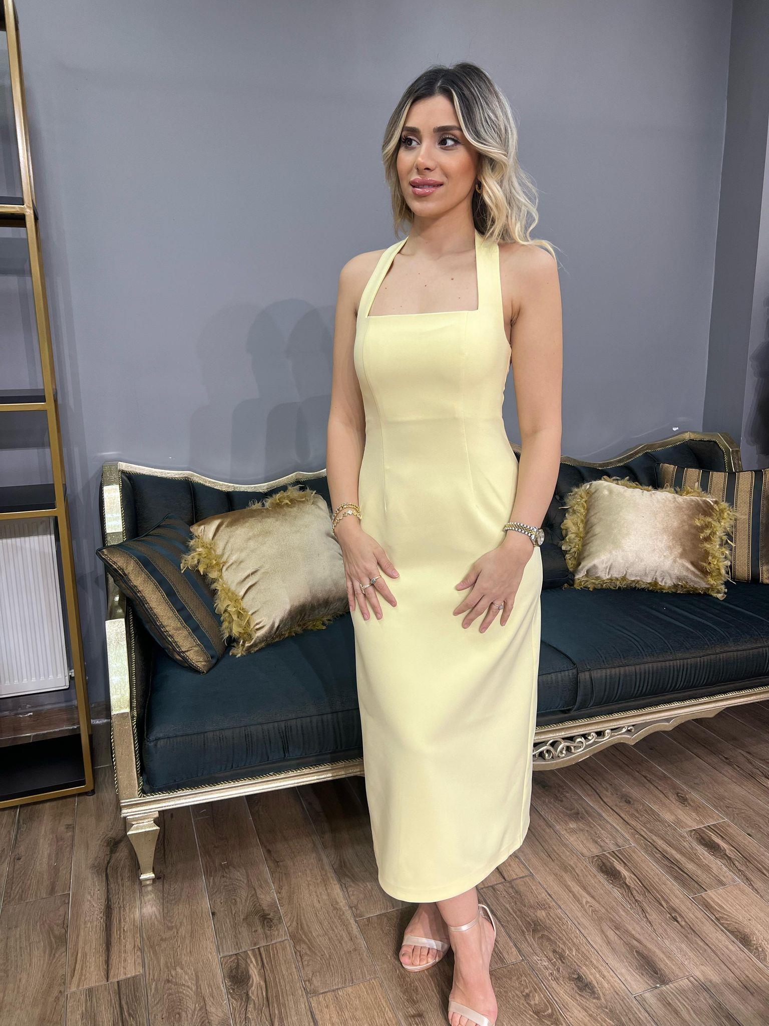 Boyun Askılı Sırtı Açık Midi Boy Elbise Sarı