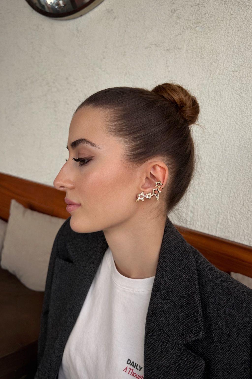 Çelik 5 Sıra Yıldız Taşlı Kıkırdak Küpe