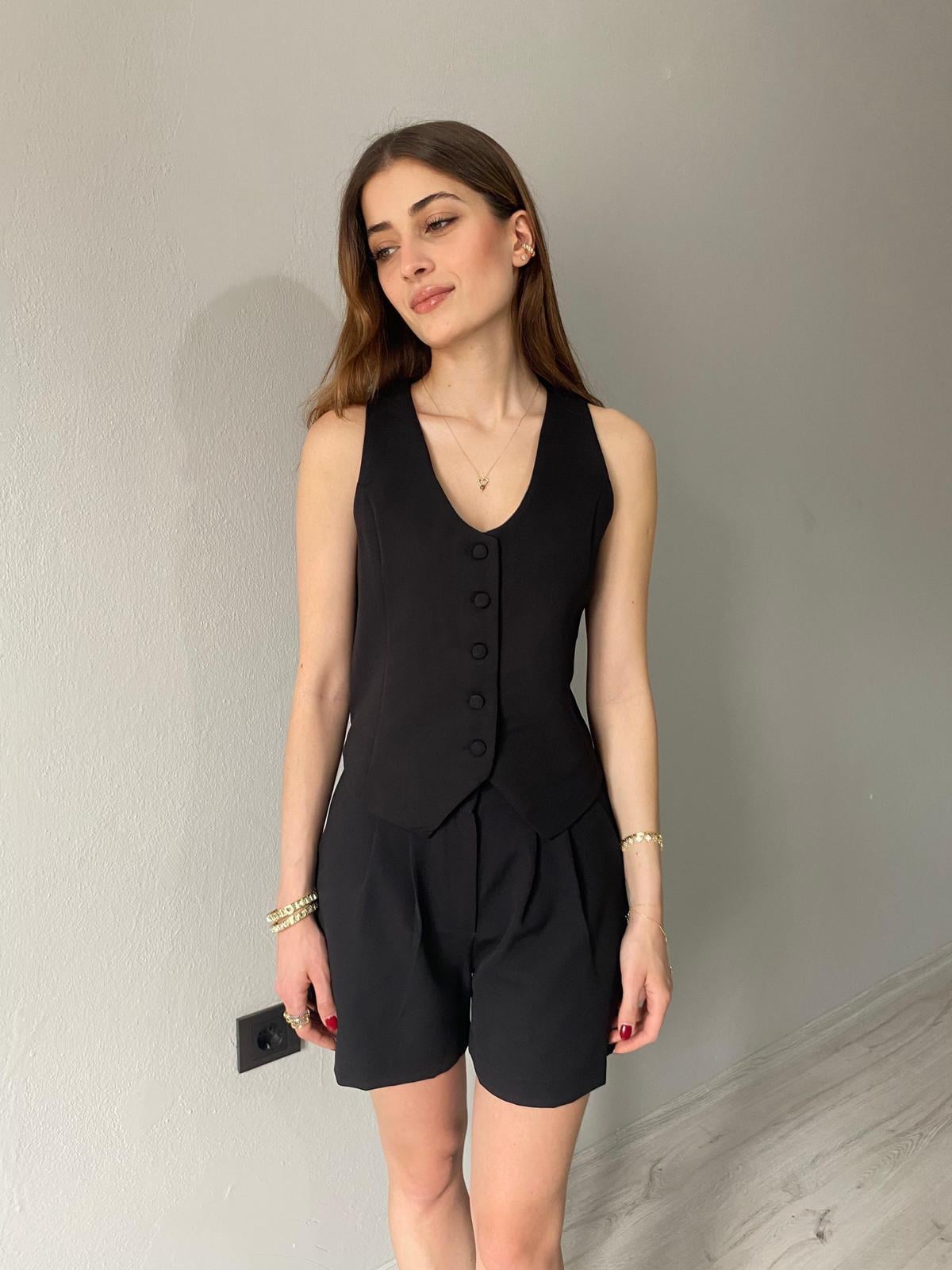 Duble Kumaş Yelek Şort İkili Takım - Siyah