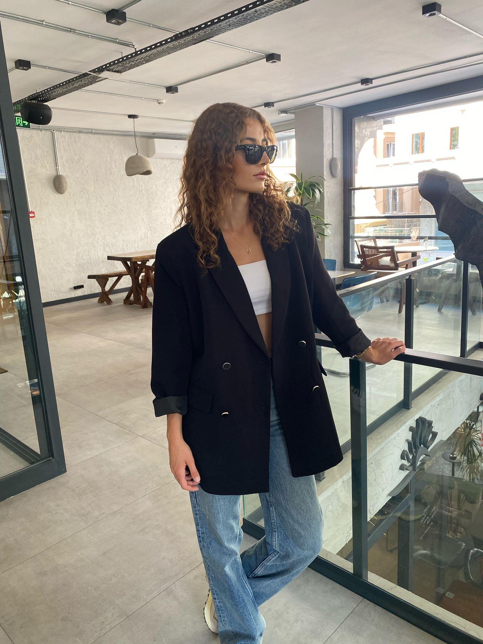 Düğme Detaylı Oversize Kalıp Blazer Ceket Siyah
