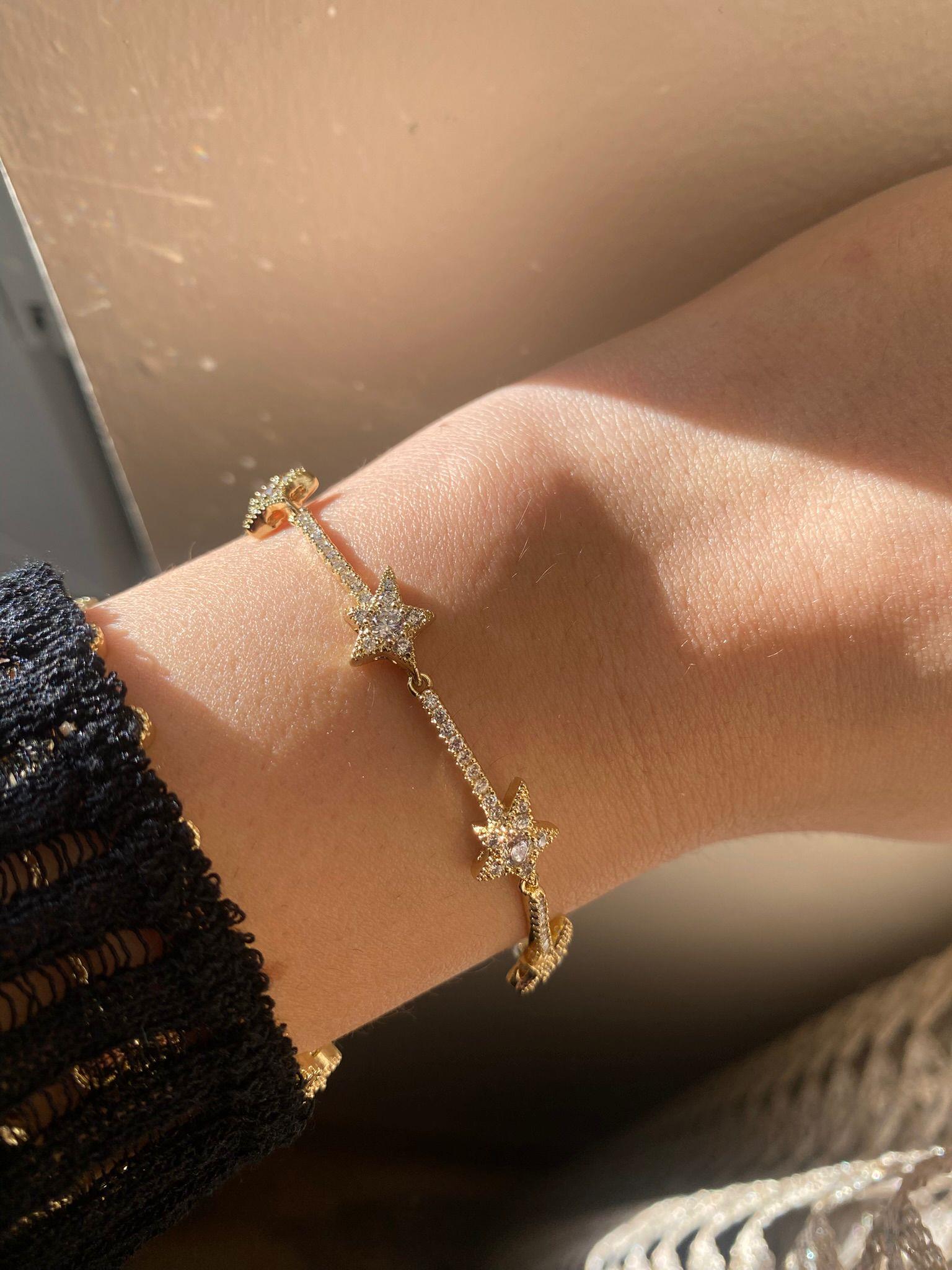 Ful Taşlı Yıldız Gold Çelik Bileklik