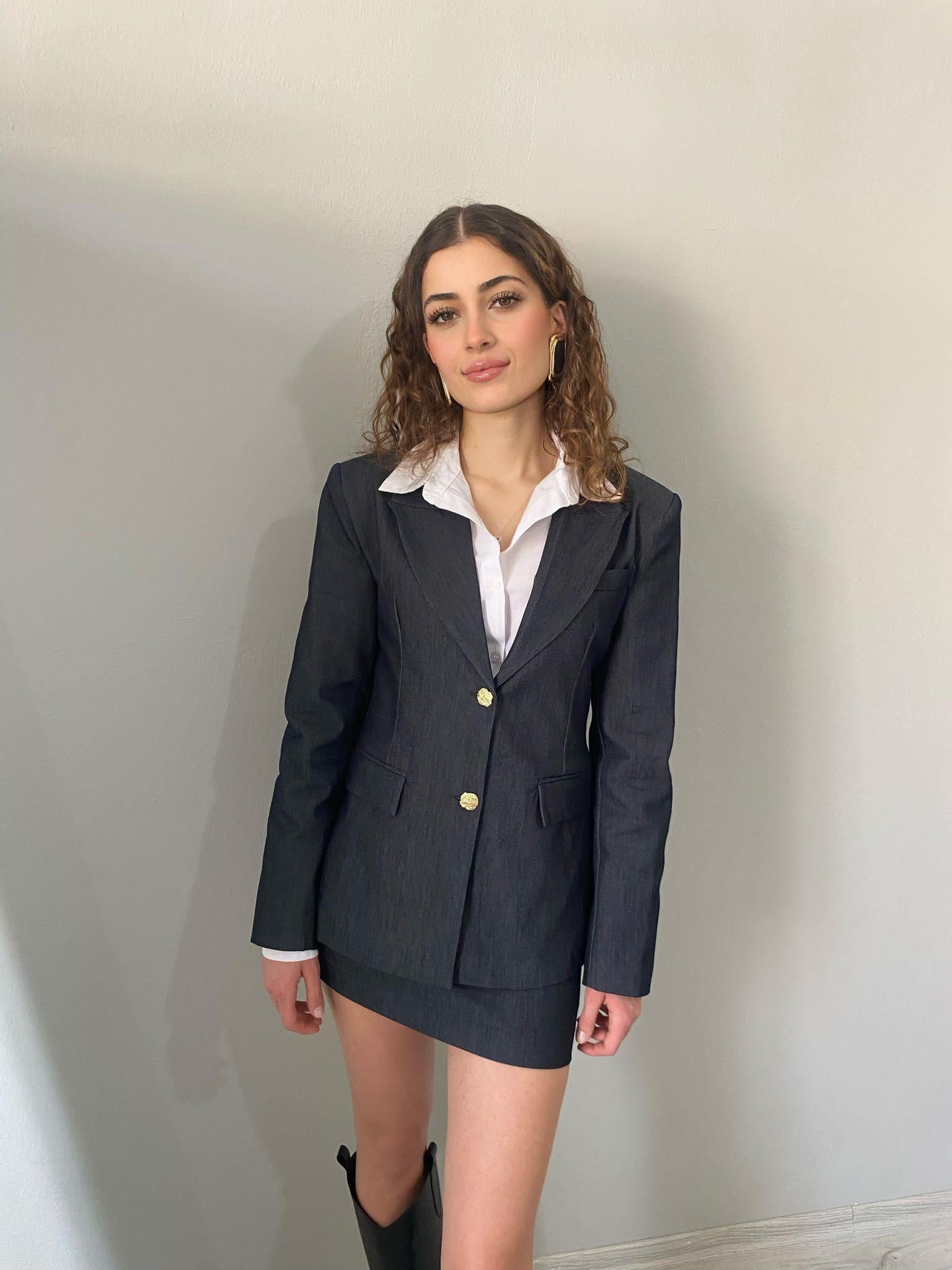 Gold Düğmeli Blazer Ceket Etek Denim Takım