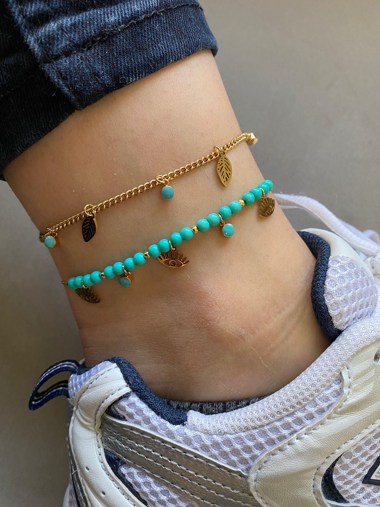 Göz Detay Mavi Taşlı Gold Çelik Halhal