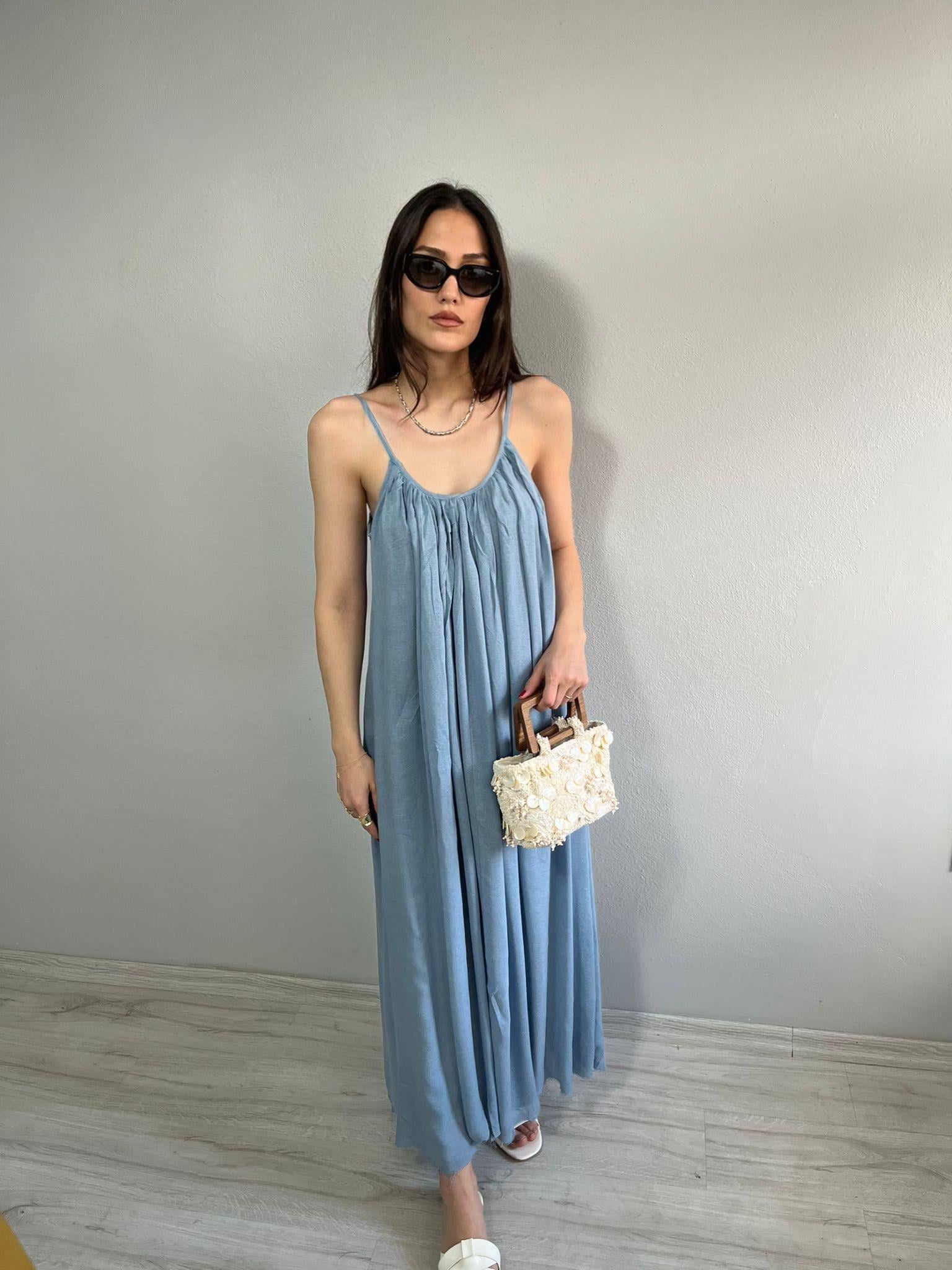 İp Askılı Astarlı Salaş Maxi Elbise Bebe Mavisi