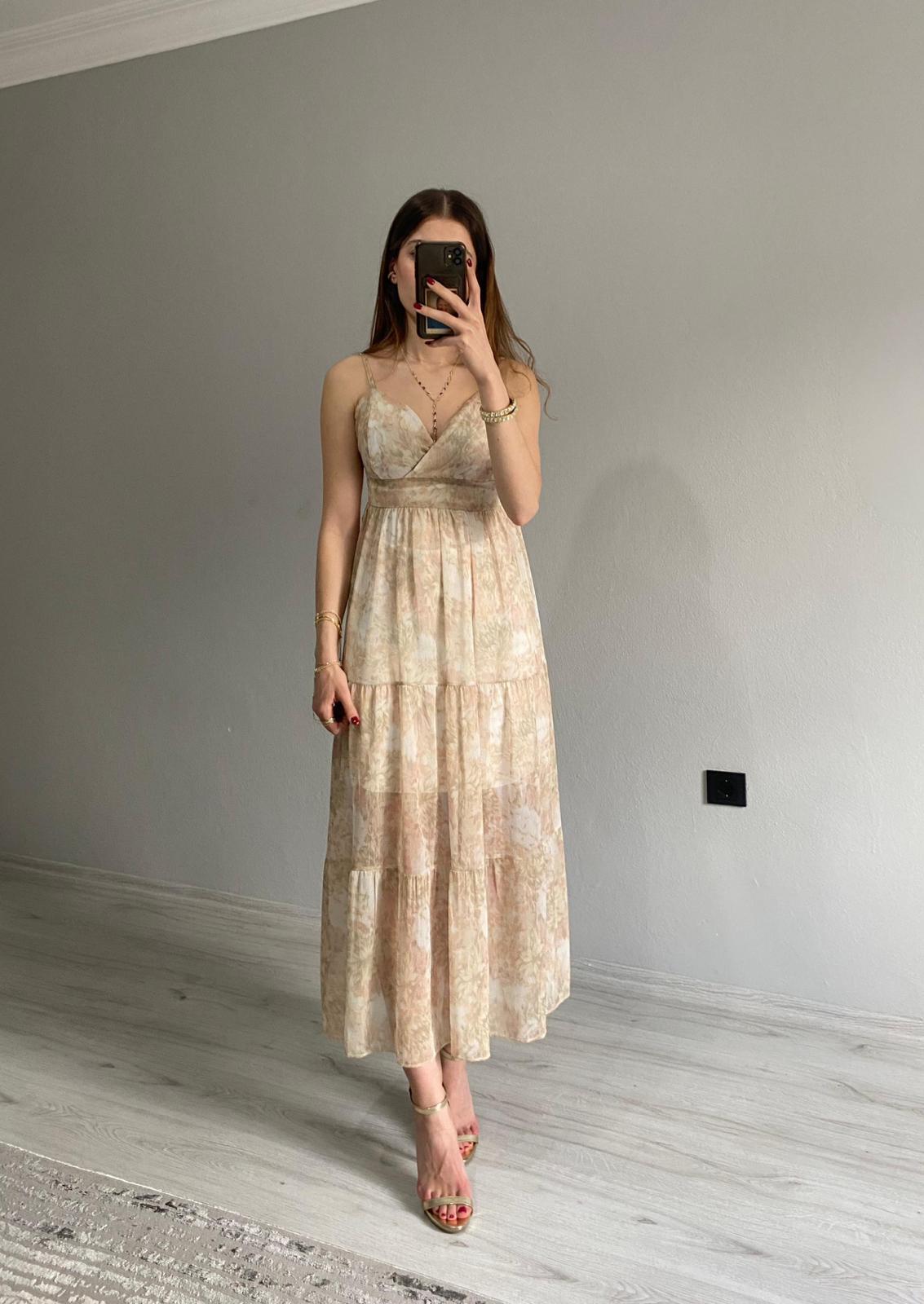 İp Askılı Greta Şifon Desenli Midi Boy Elbise