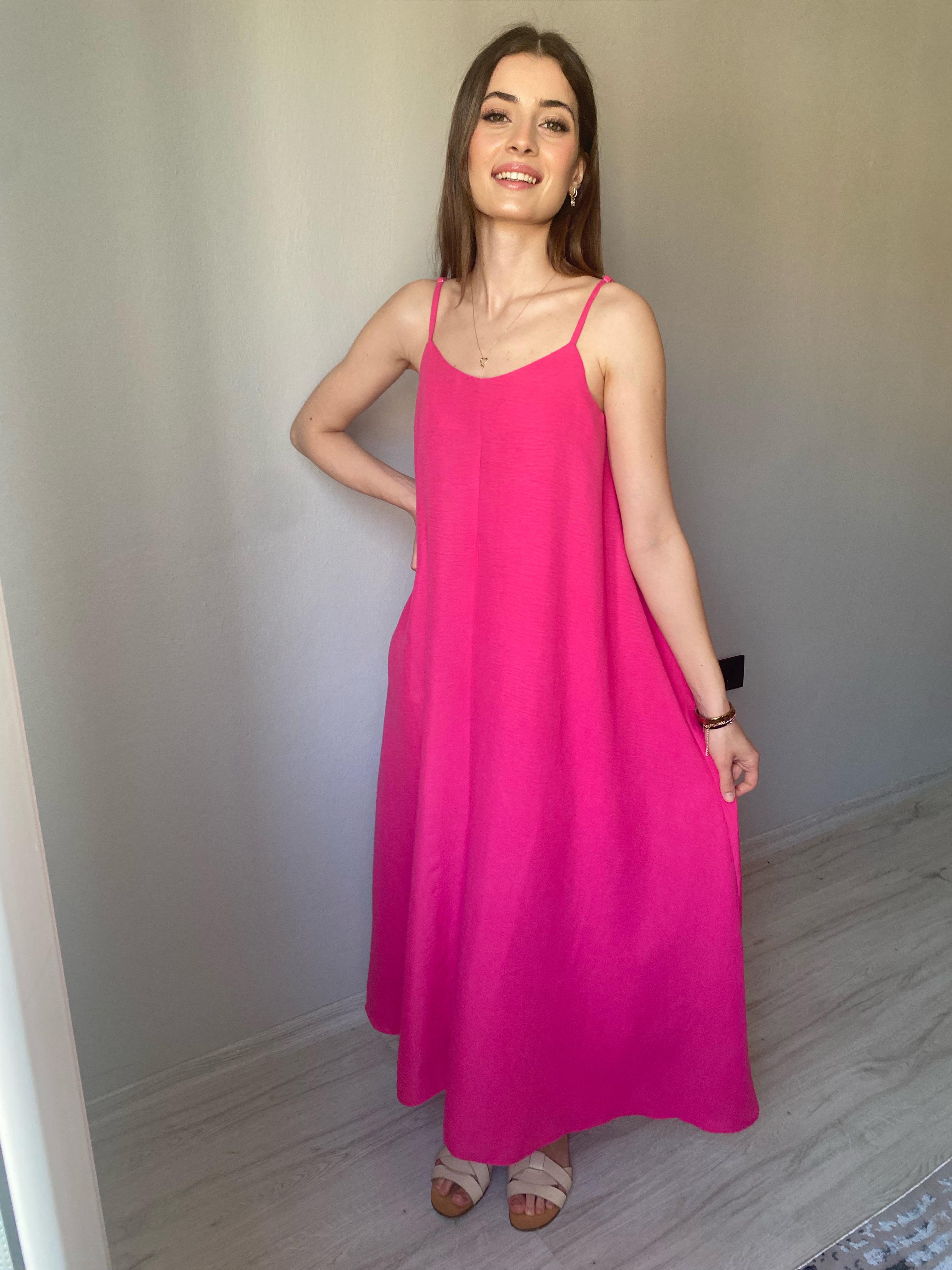 İp Askılı Tam Boy Salaş Elbise Pembe