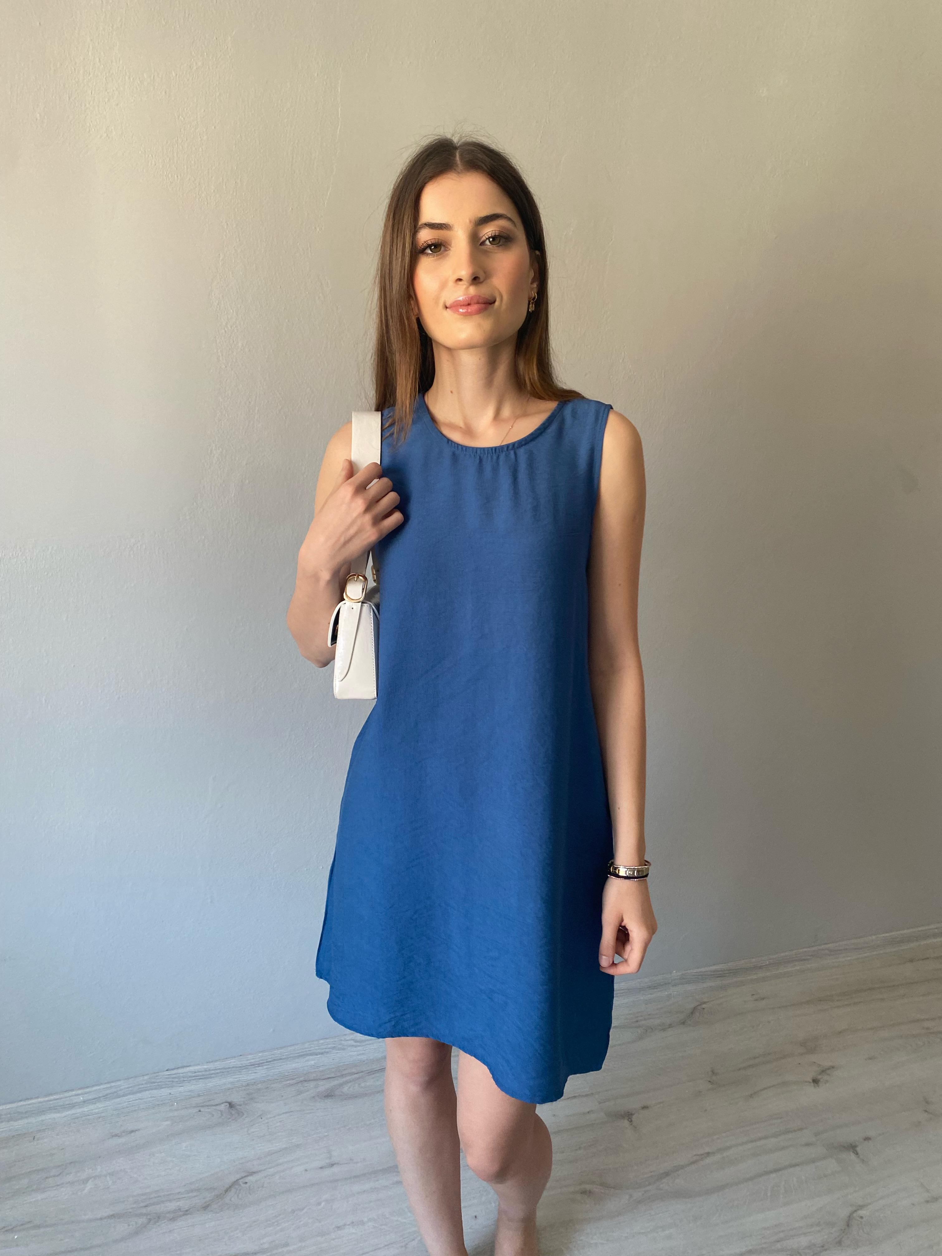 Lacivert  Kolsuz Cepli Basic Elbise