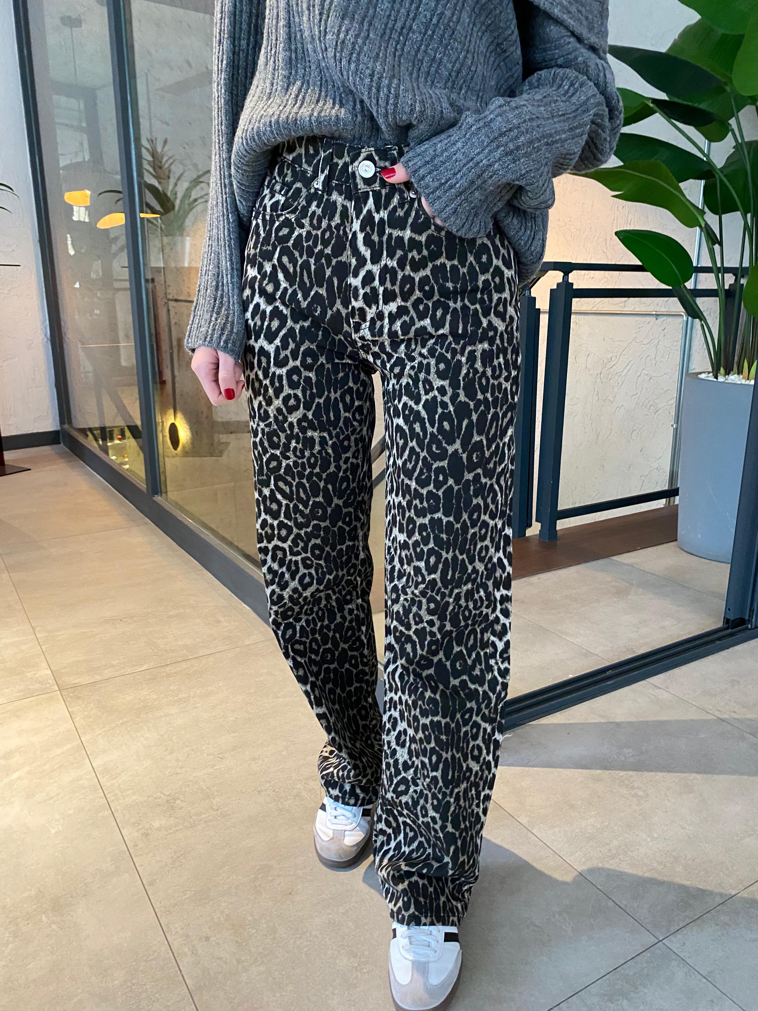 Leopar Desenli Yüksek Bel Straight Jean