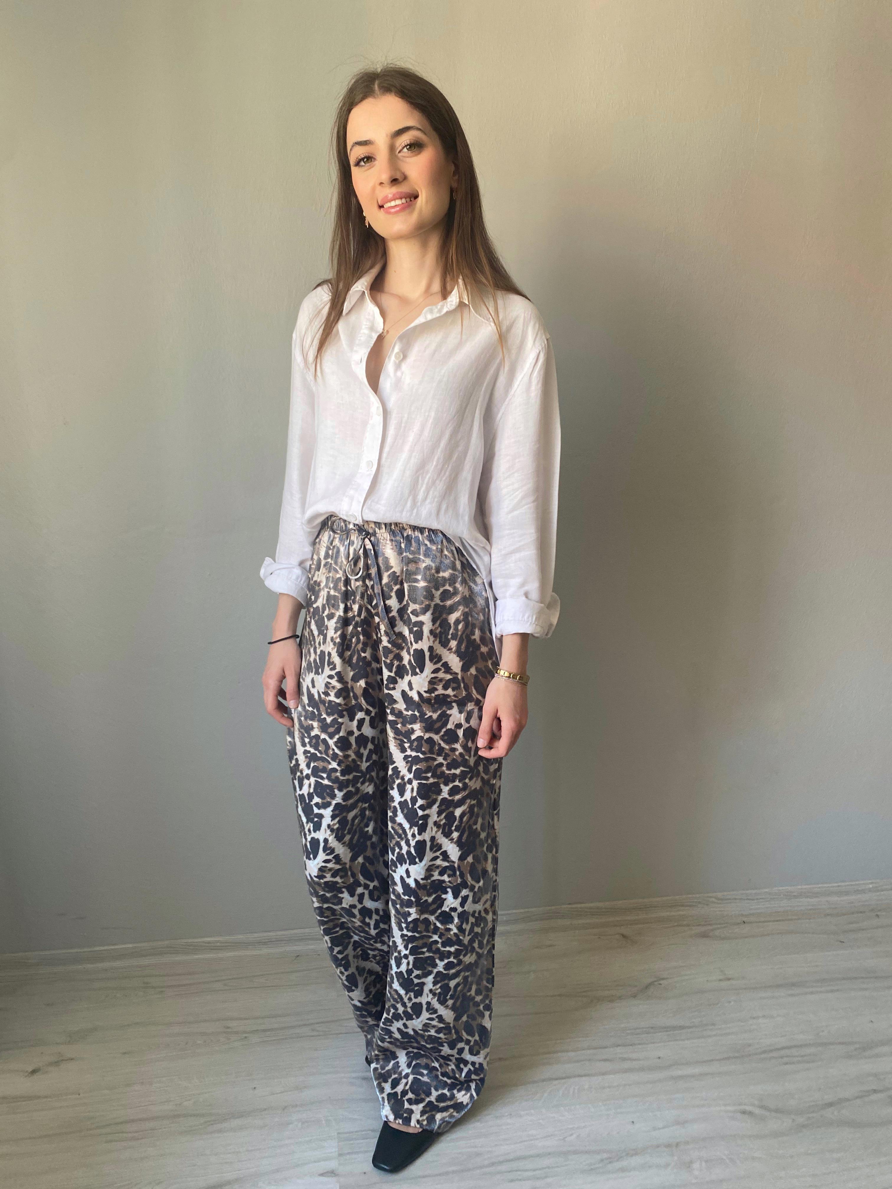 Lüx Kalite Soluk Efekt Parlak Kumaş Leopar Print Saten Palazzo