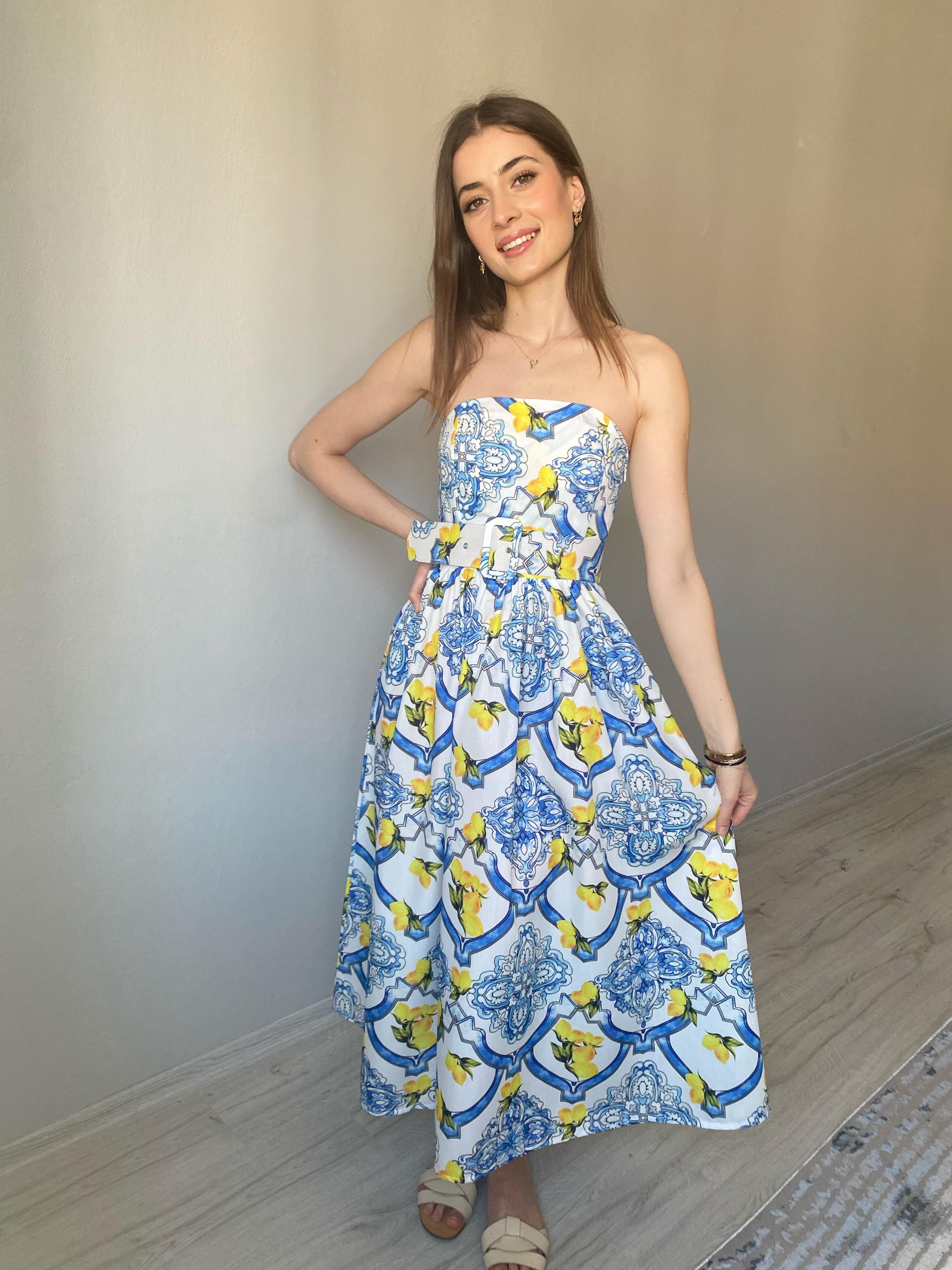 Marka Model Kemerli Straplez Çiçekli Elbise