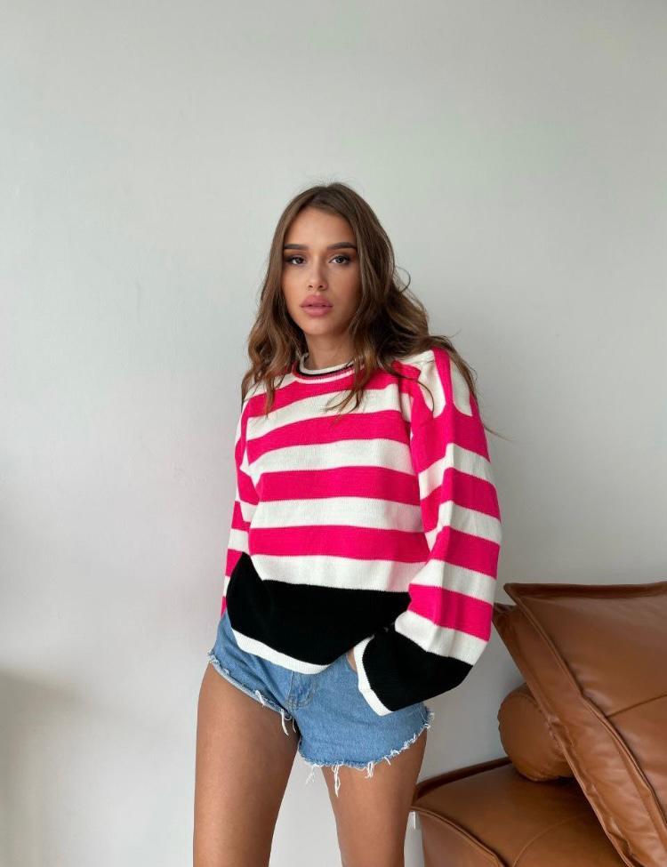 Pembe Kalın Çizgili Uzun Kollu Kazak