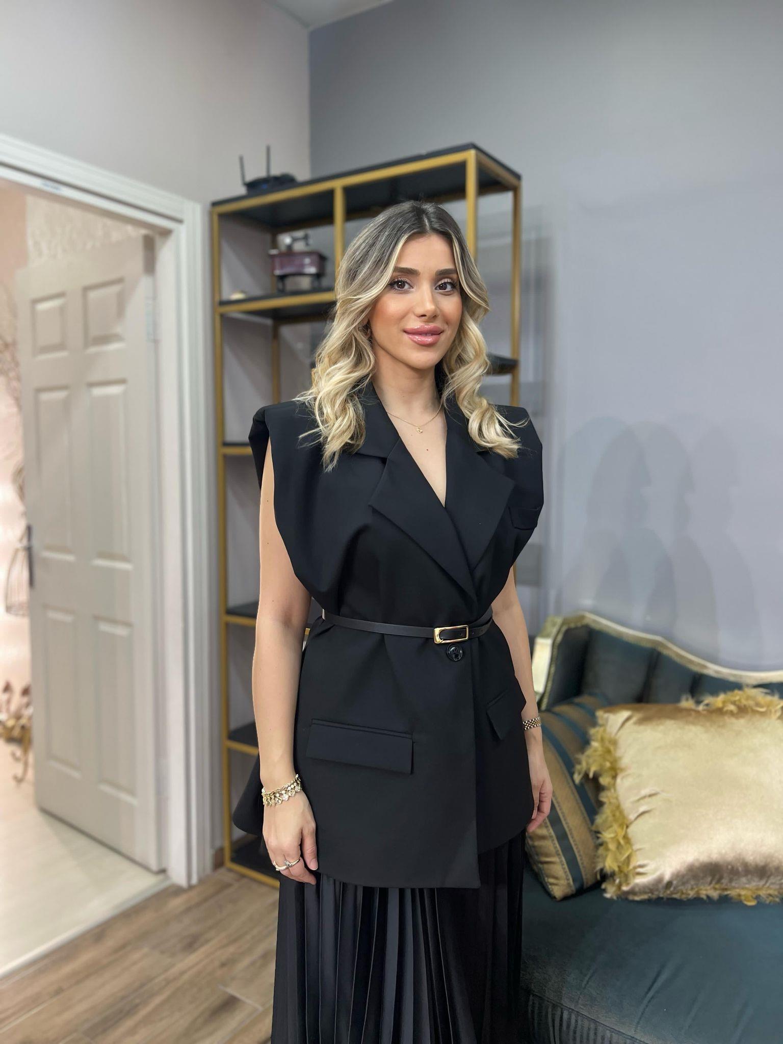 Premium Kalite Kemerli Oversize Kesim Vatkalı Blazer Yelek Siyah