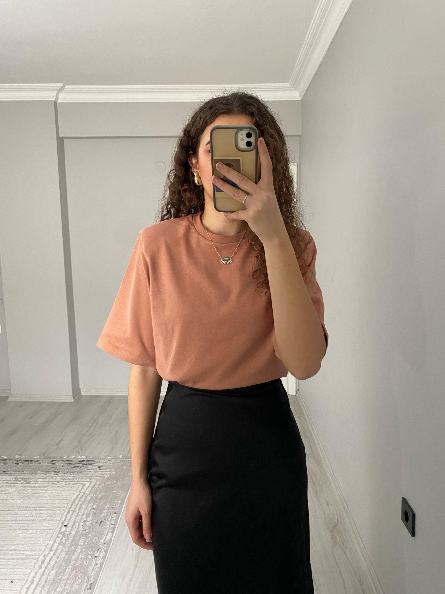 Premium Kalite Vatkalı Pamuklu Kısa Kollu Tshirt Somon