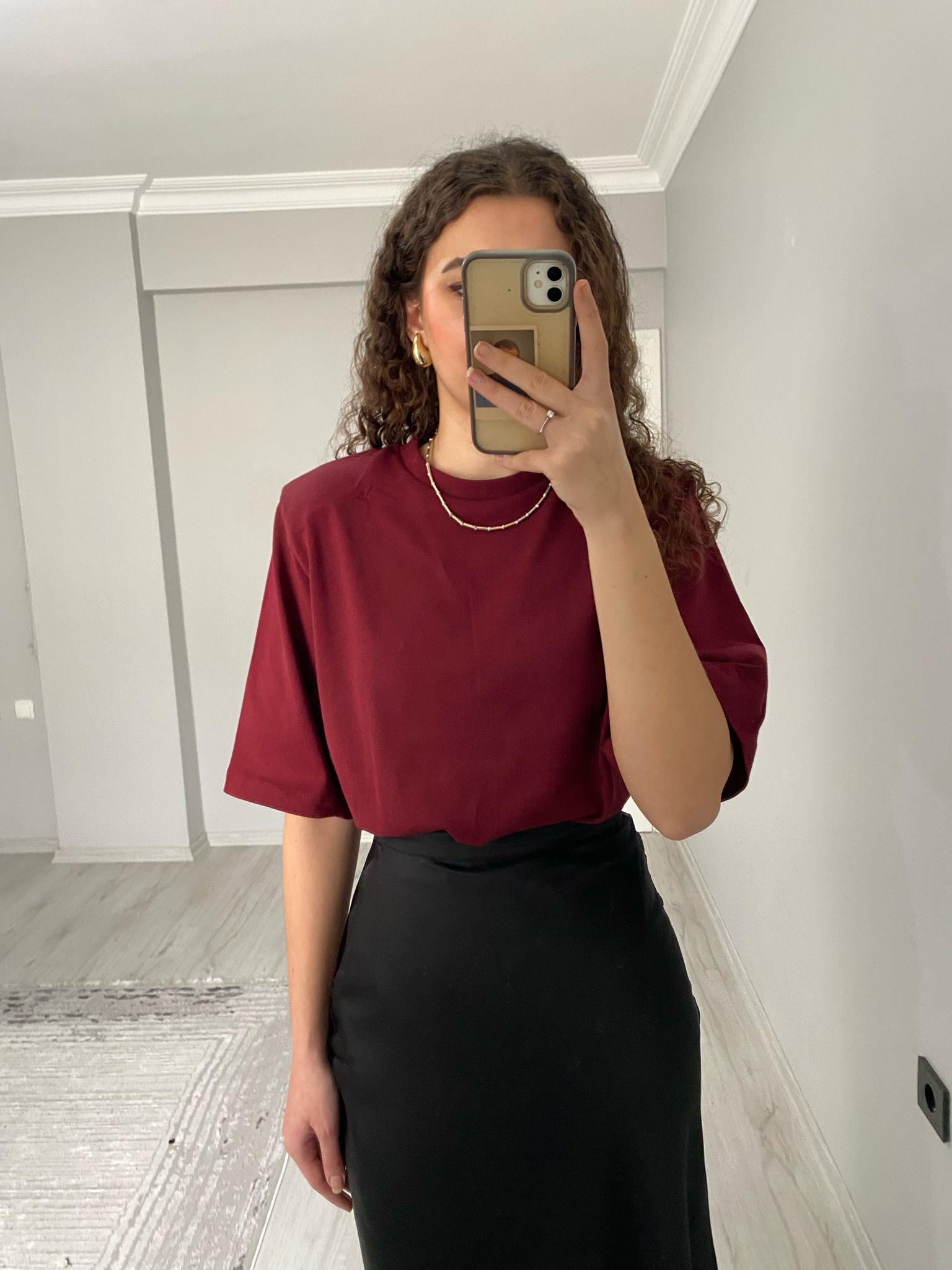 Premium Kalite Vatkalı Pamuklu Kısa Kollu Tshirt Bordo