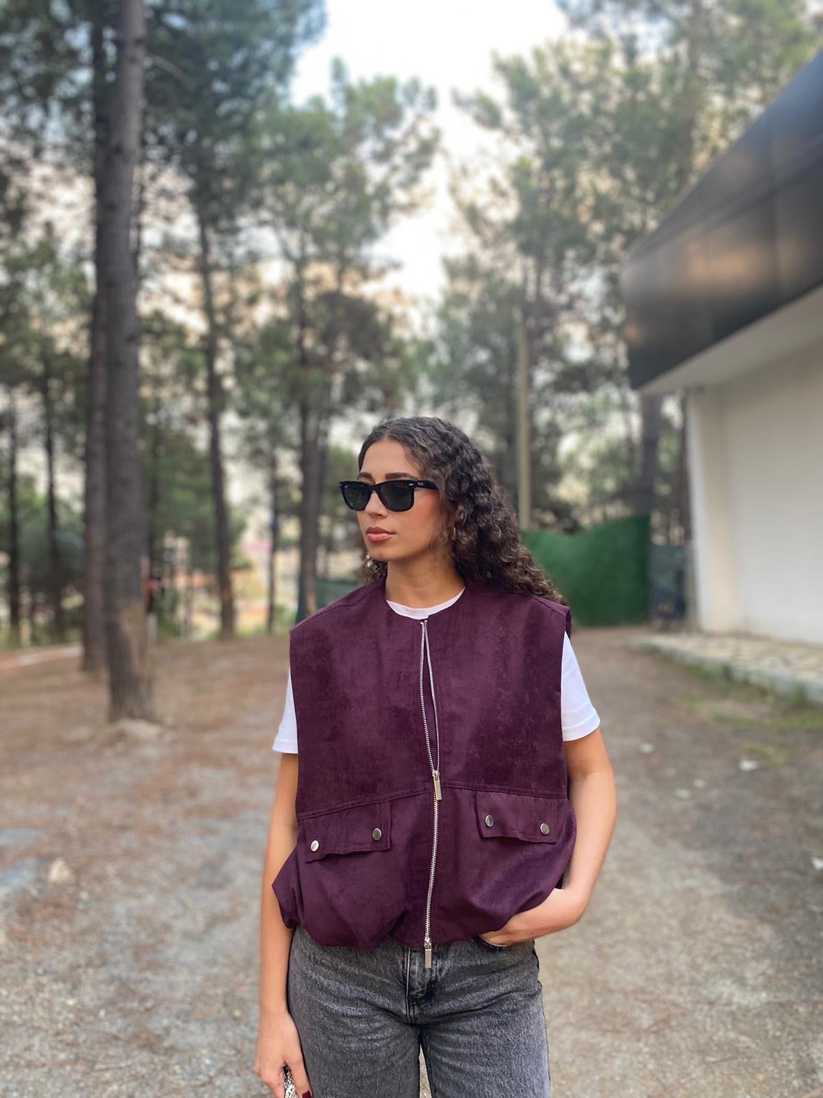 Premium Süet Fermuarlı Yelek Bordo