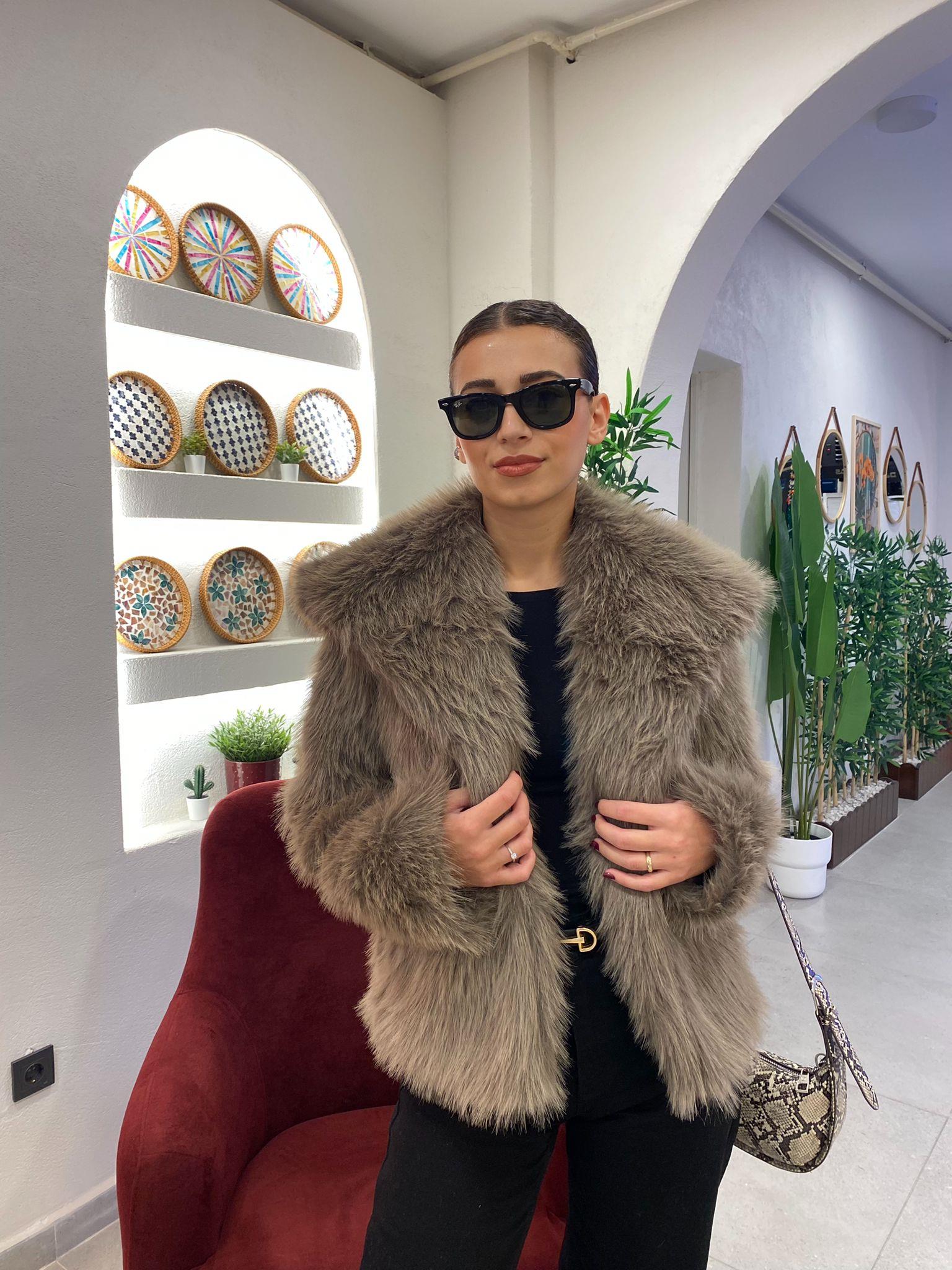 Premium Tek Düğmeli Suni Kürk Ceket Vizon