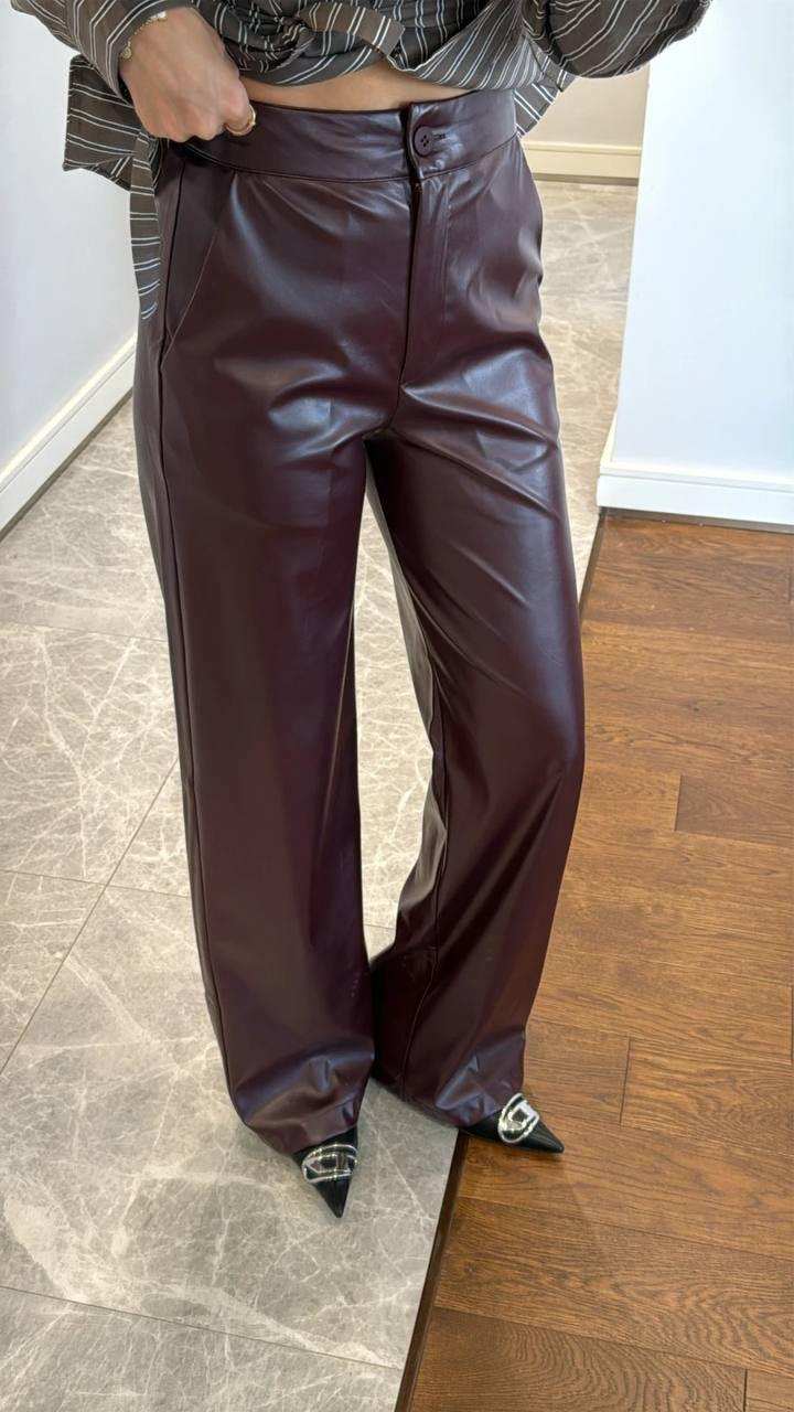Yüksek Bel Deri Pantolon - Bordo
