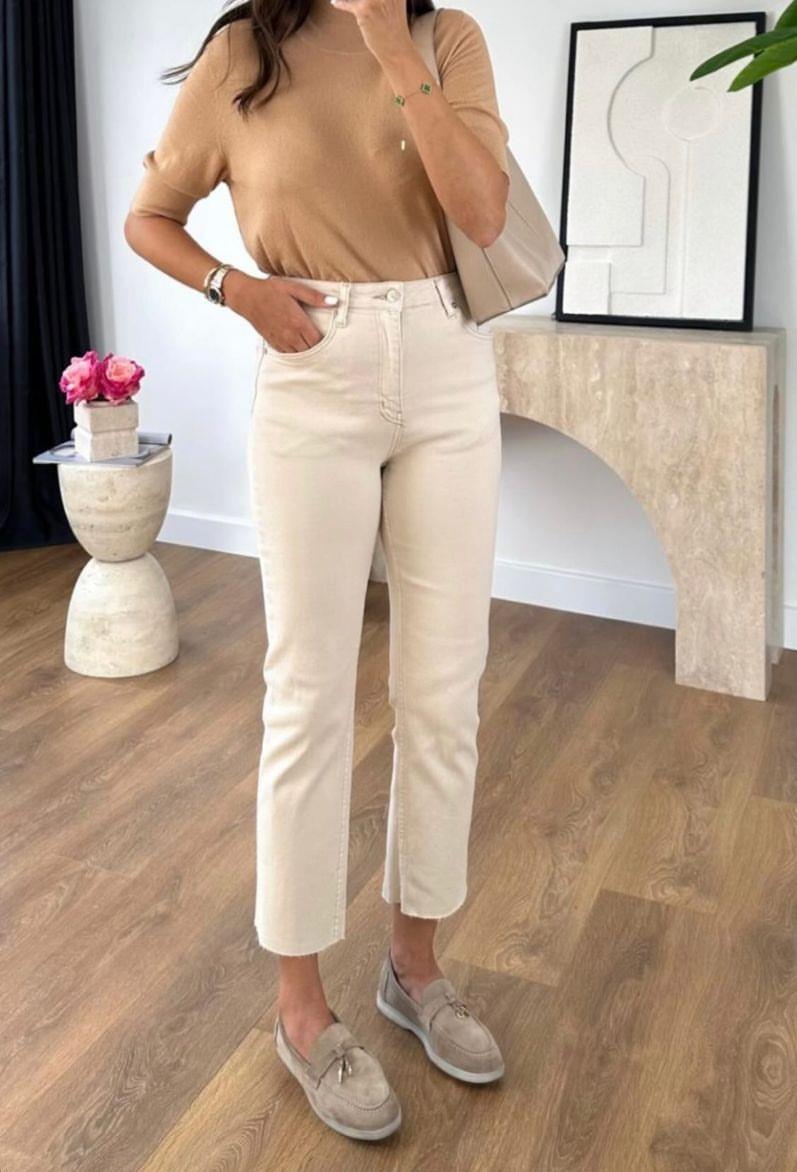 Yüksek Bel Kesik Paça Boyfit Jean Bej