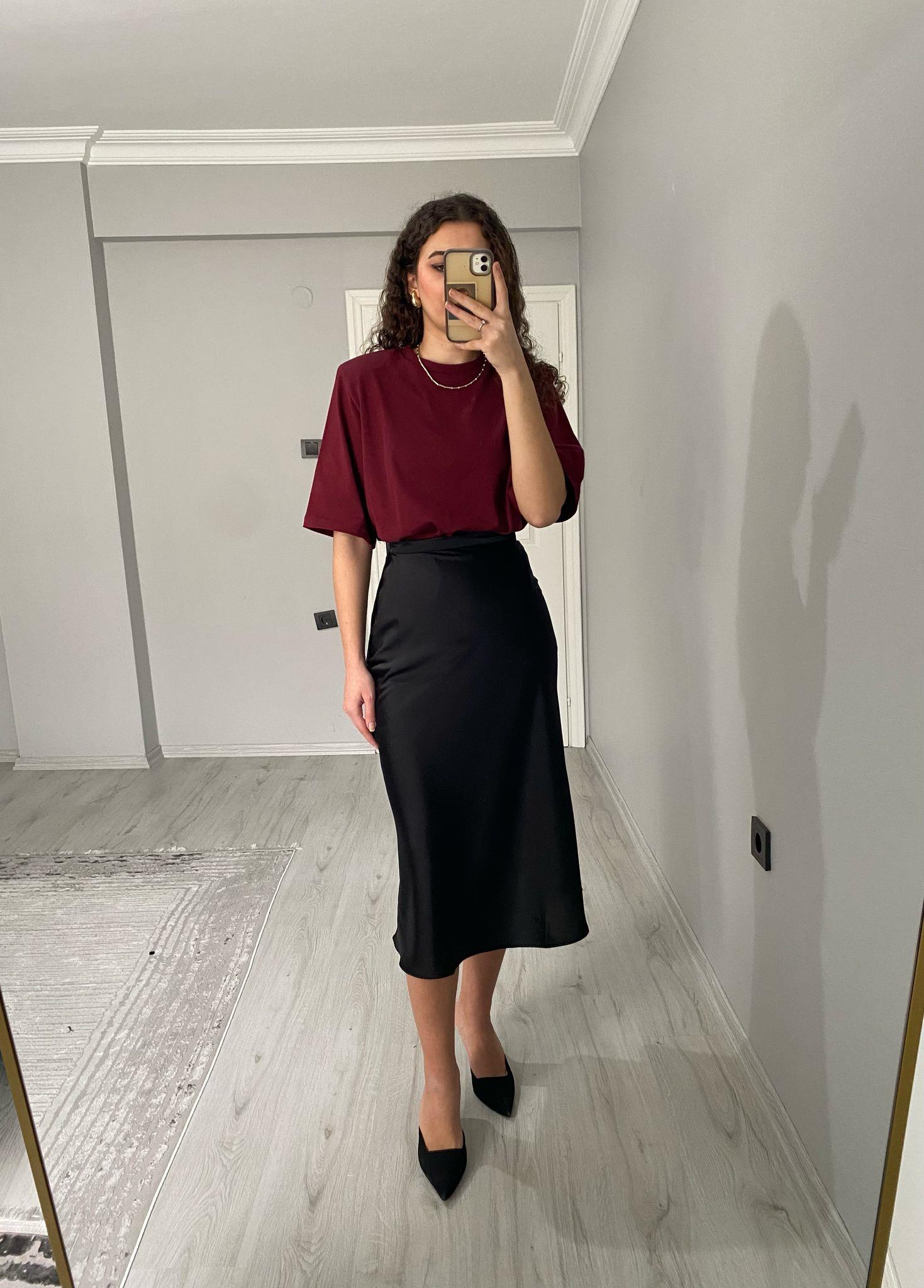 Yüksek Bel Midi Boy Saten Etek Siyah