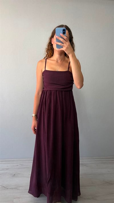 Ayarlanabilir Askı Önü Drape Detaylı Astarlı Maxi Elbise - Mürdüm