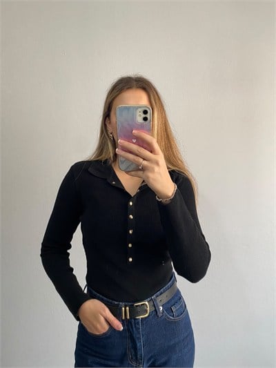Çıtçıt Gold Detaylı Bisiklet Yaka Çelik Triko - Siyah