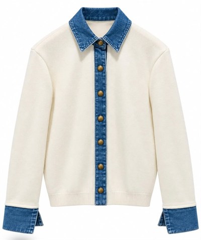 Denim Detaylı Çelik Hırka - Beyaz