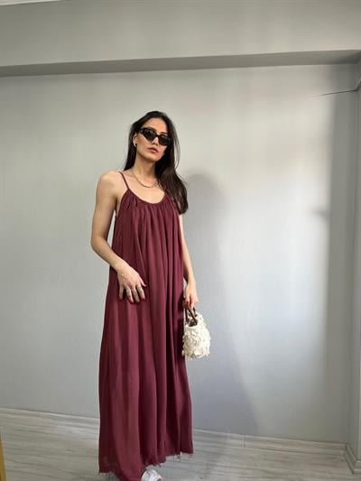 İp Askılı Astarlı Salaş Maxi Elbise Bordo