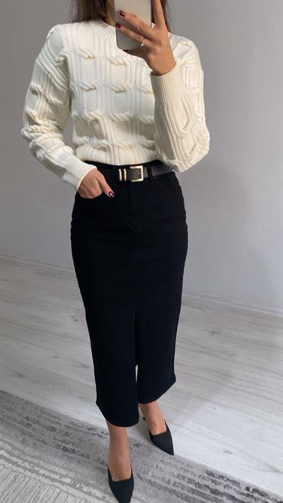 Kemerli Yüksek Bel Ön Yırtmaçlı Denim Etek - Siyah