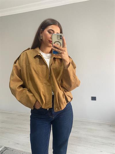 Süet Fermuarlı Düşük Omuz Bomber Ceket Taba