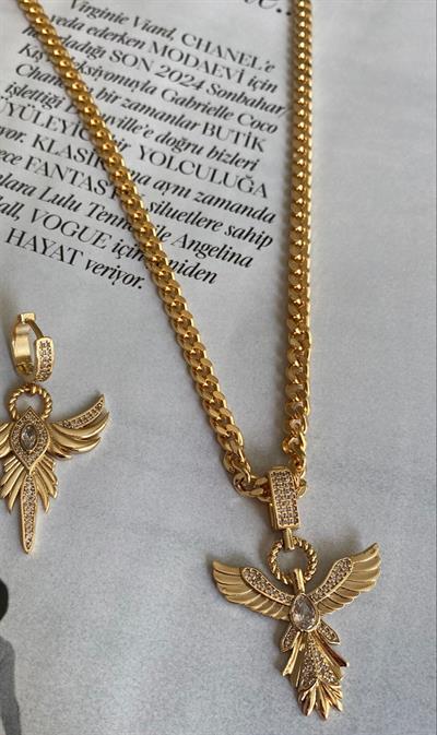 Tasarım Gold Beyaz Taş Detaylı Anka Kuşu kolye