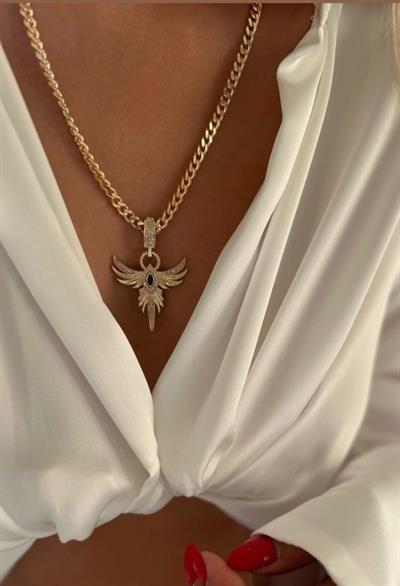 Tasarım Gold Yeşil Taş Detaylı Anka Kuşu Kolye