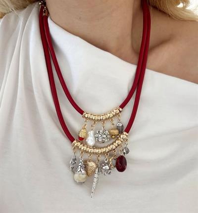 Tasarım Marka Model Bordo Deri Charmlı Kolye