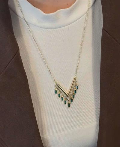 Tasarım Yeşil Taşlı Premium Gold Kolye