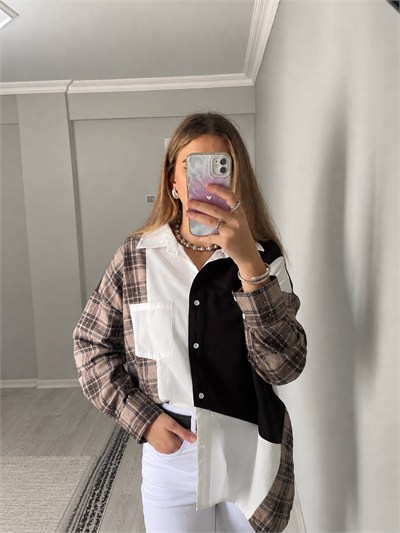 Triko Poplin Bloklu Kolları Taş Detay Oversize Gömlek - Kahverengi