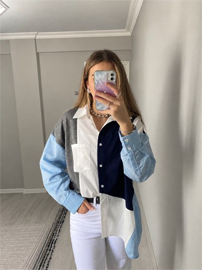 Triko Poplin Bloklu Kolları Taş Detay Oversize Gömlek - Lacivert