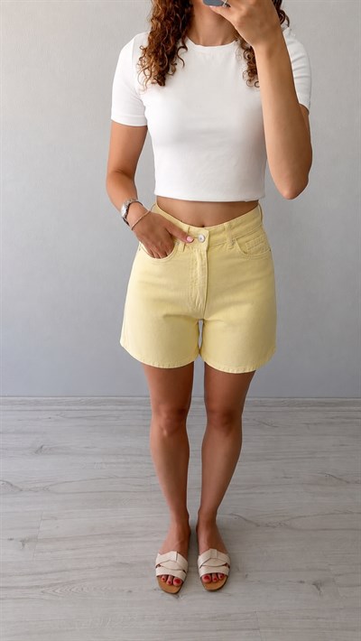 Yüksek Bel Denim Kısa Şort - Sarı