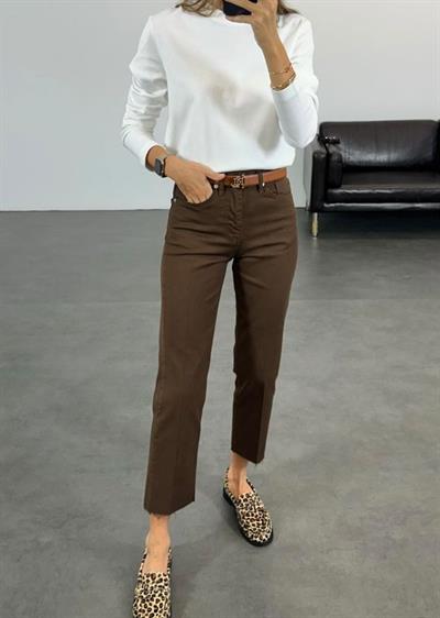 Yüksek Bel Kesik Paça Boyfit Jean Kahverengi