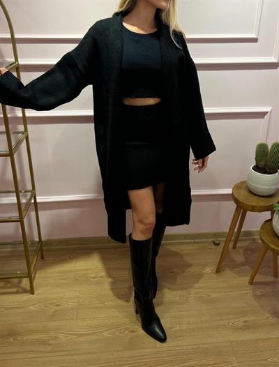 Yumuşak Dokulu Kalın Oversize Uzun Hırka Siyah