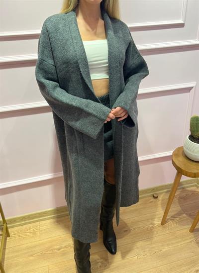 Yumuşak Dokulu Kalın Oversize Uzun Hırka Gri