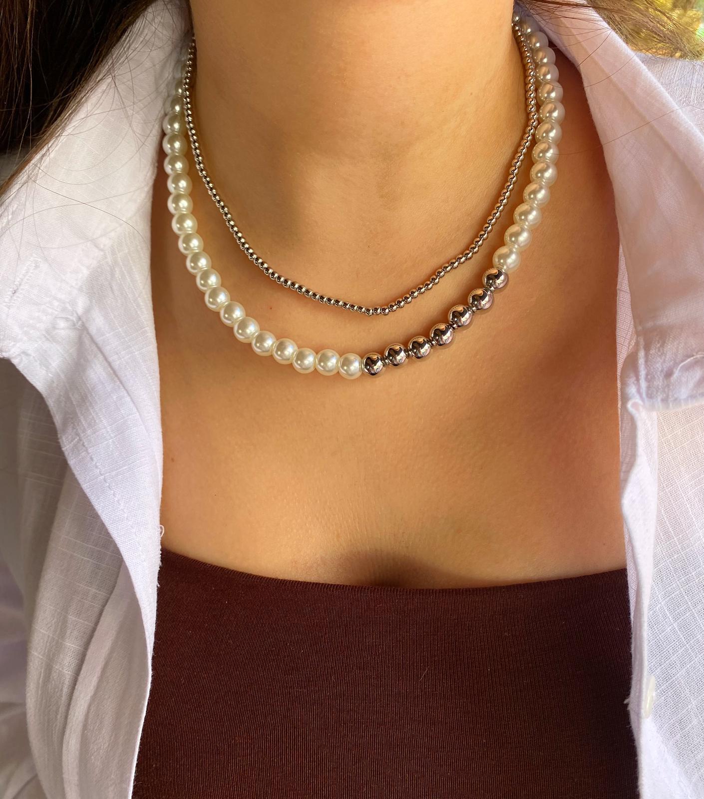 2 Sıra Silver Detaylı İnci Kolye
