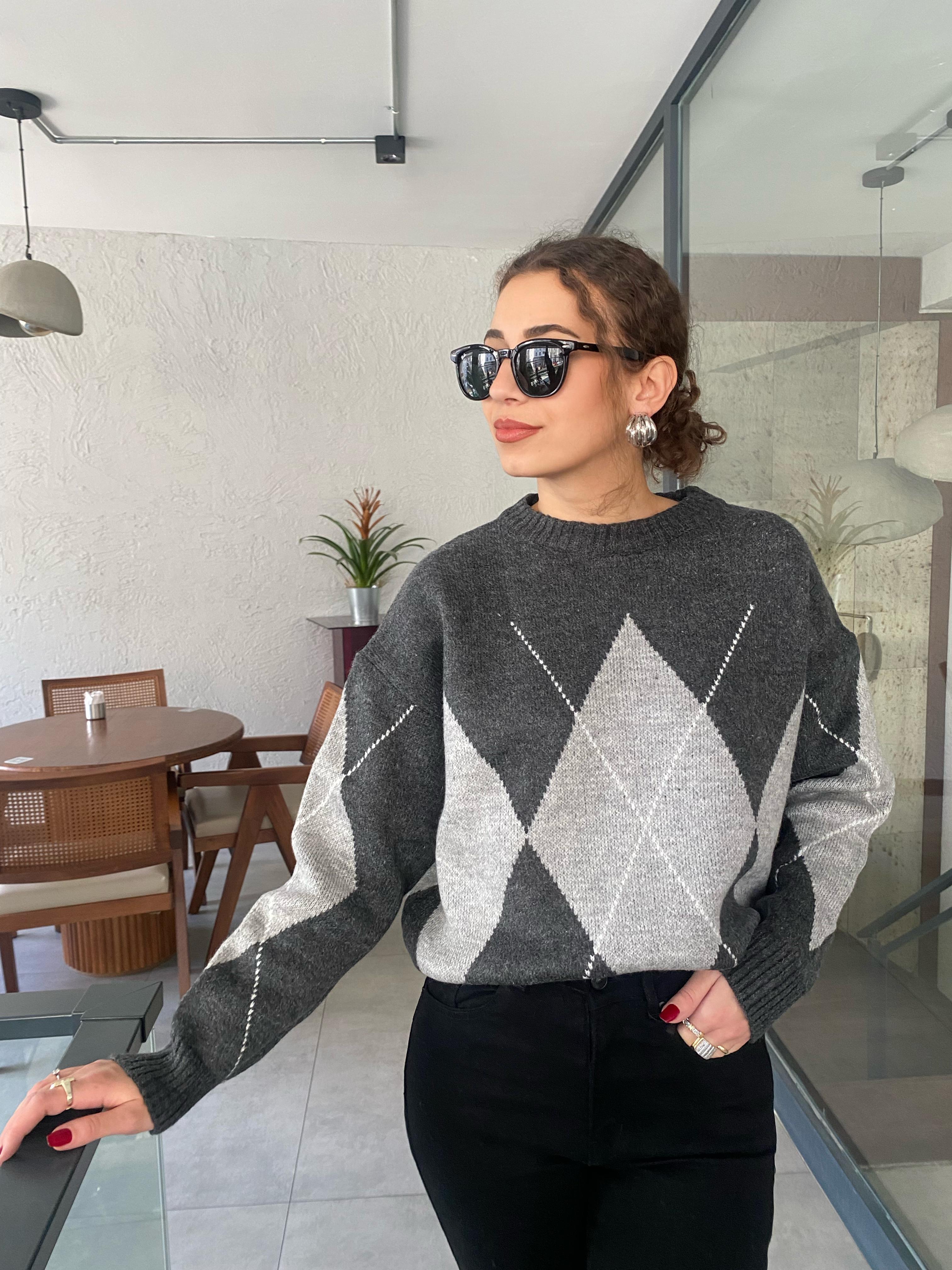 Antrasit Gri Baklava Desenli Kazak